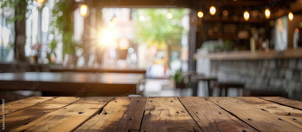 Fototapete Perfect for creating your photomontage or product display this image features an empty brown wooden table with a blurred Coffee shop background and bokeh effect emphasizing the copy space