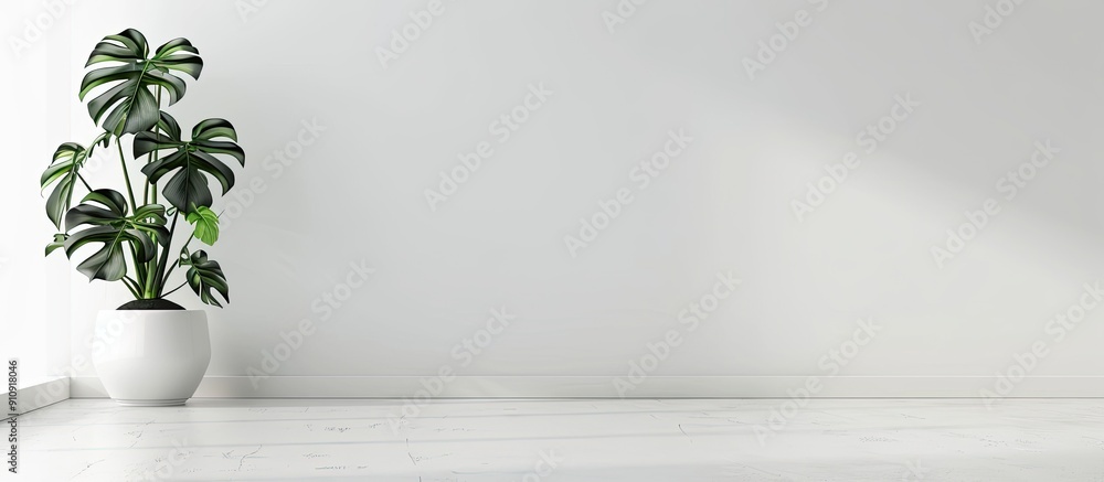 Poster scandinavian style room features a white pot with a lovely monstera flower against an empty white wa