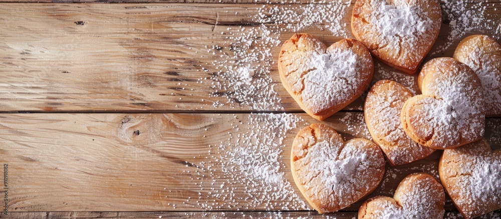Poster heart shaped cookies dusted with powdered sugar rest on a wooden table in a top view composition pro