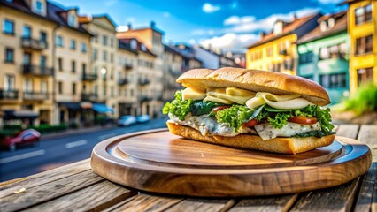 Sándwich con carne asada, lechuga y queso derretido, servido sobre una tabla de madera en una pintoresca calle urbana.