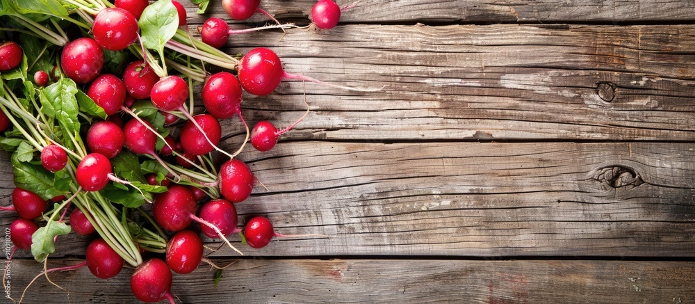 Aufkleber Fresh red radishes on a wooden background with ample copy space for custom text or images