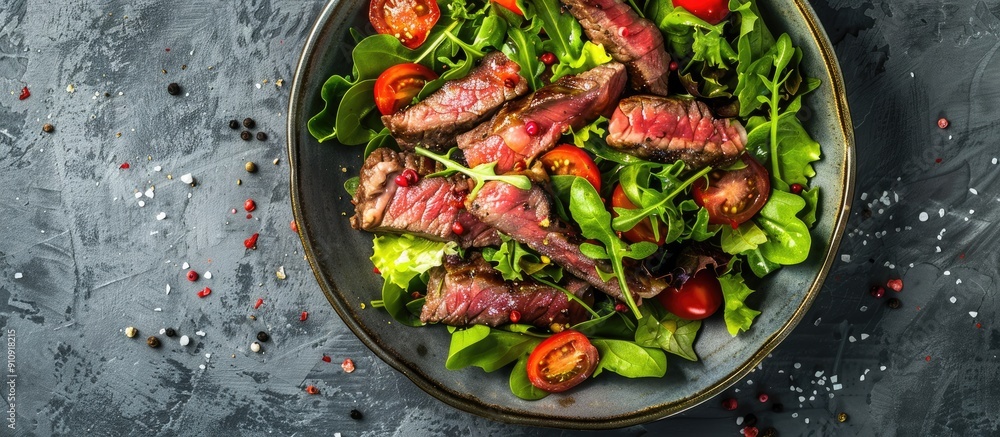Poster A steak salad with beef organic lettuce and cherry tomatoes was presented on a concrete background with room for text or other elements in the image. Creative banner. Copyspace image