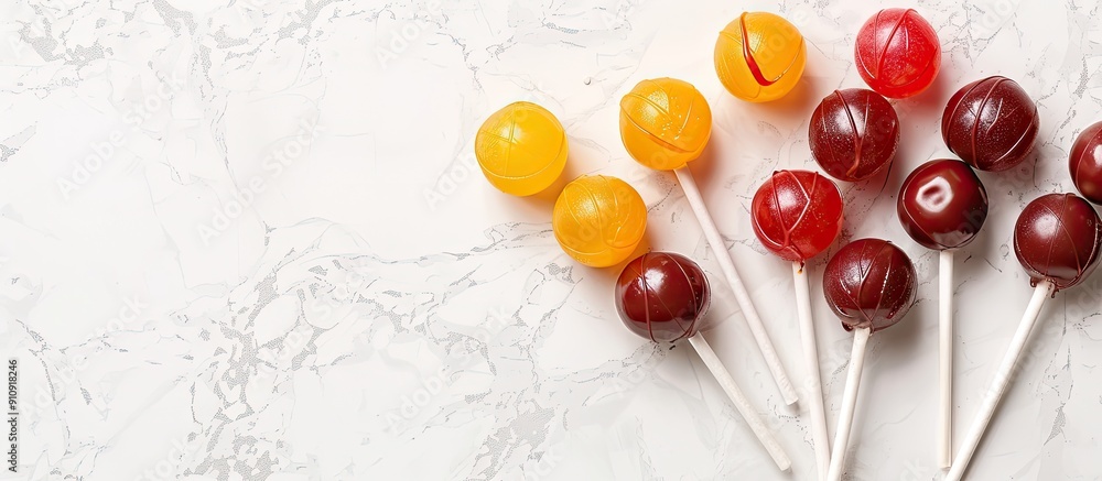 Poster A minimalistic style image featuring colorful tasty caramel lollipops on a light background with copy space Displaying selective focus