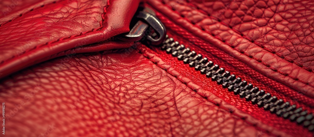 Poster Macro photo of red leather texture with zipper closure creating an appealing copy space image