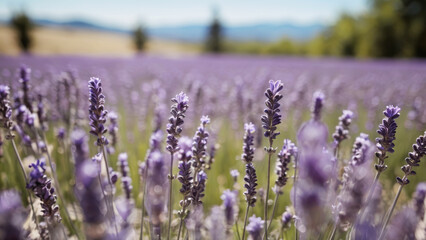 Obraz premium Field of blooming lavender, beautiful sunset light, soft pastel colors, rows of lavender bushes stretching to horizon