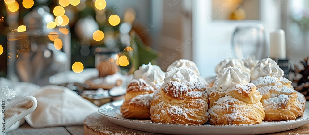 Fototapete Holiday vibes captured in a modern kitchen setting with a delectable display of homemade profiteroles with cream on a table perfect for a copy space image
