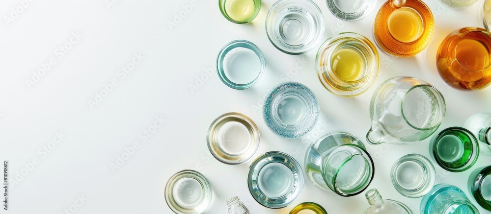 Poster White background top view with copy space image displaying bottles and glasses filled with drinking water