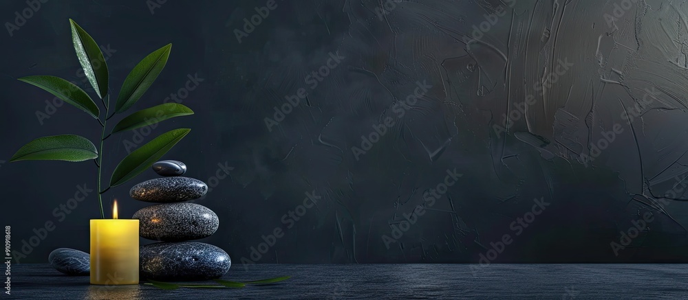 Poster Elegant arrangement of spa stones and candle on a table against a dark backdrop ideal for a copy space image