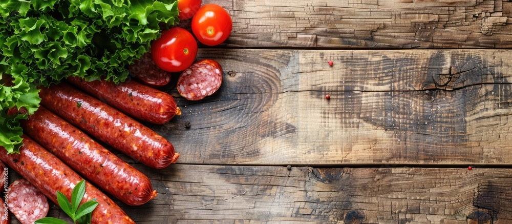 Aufkleber wooden table with sausage slices arranged ideal for copy space image