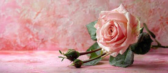 Valentine s Day setting features a lovely pink rose buds and a pink backdrop with room for additional content in the image