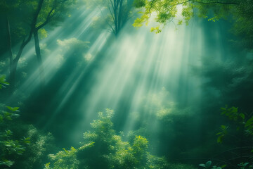 Obraz premium Beautiful background of a forest with sunlight streaming in