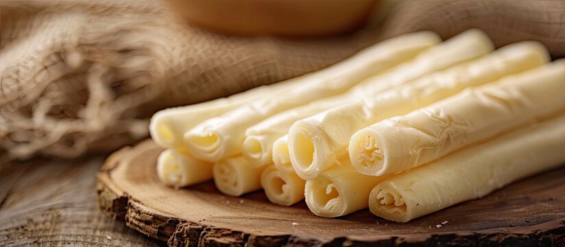 String cheese with a smoky flavor from Kobarcik is a nutritious snack option with selective focus allowing for easy inclusion of copy space image
