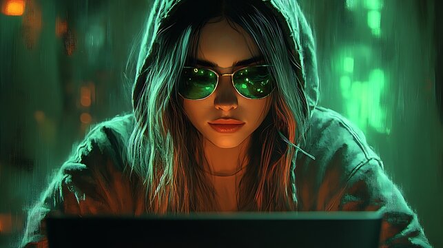Mysterious woman in a hoodie, green sunglasses, and a dimly lit room, looking intently at a laptop screen.