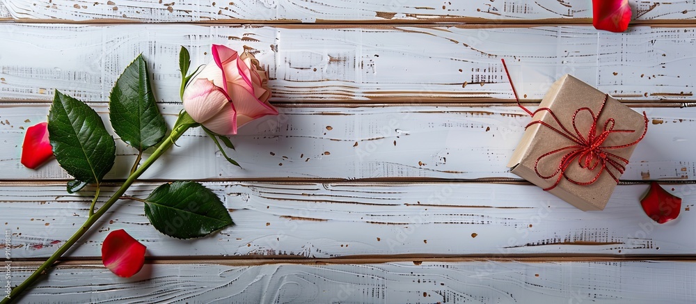 Poster love and valentine s concept depicted in an image showing a red and pink rose with a gift box on a w