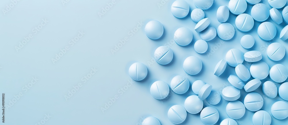 Poster a variety of blue pills arranged on a light blue backdrop leaving room for text in a copy space imag
