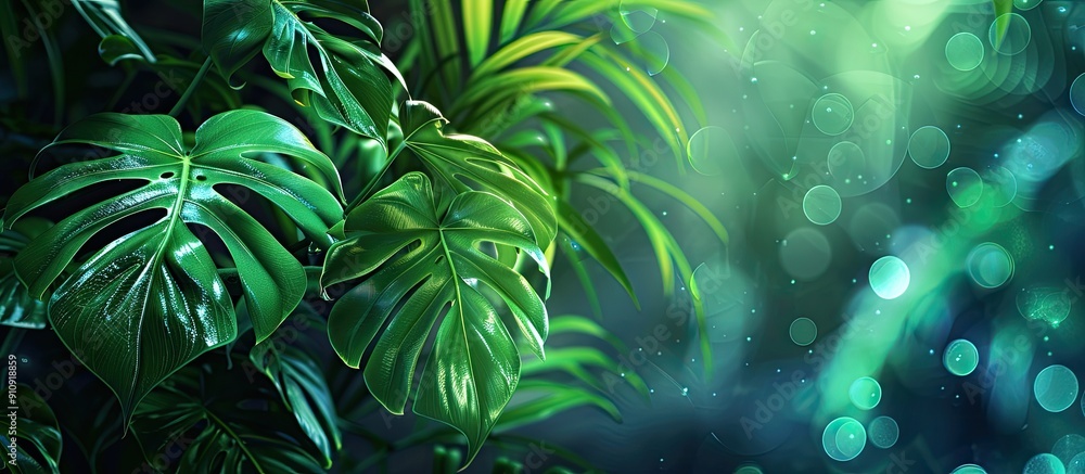 Aufkleber Monstera philodendron plant with green leaves in a tropical forest setting featuring abstract color patterns in the background ideal for a copy space image