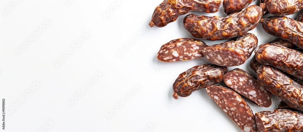 Poster a macro photo of isolated dried meat sausages on a white background with copy space image available
