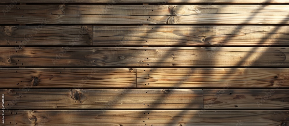 Poster Top view of an old style wooden background with a blank white list featuring window blinds shadows Ideal for a copy space image