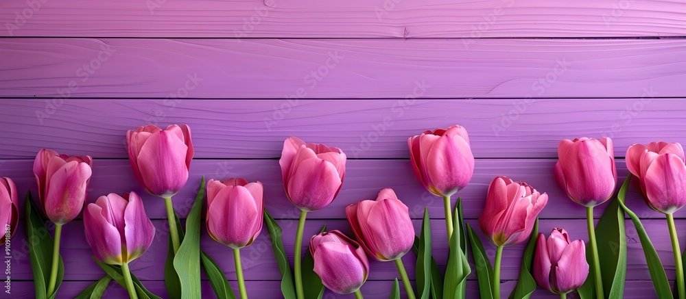 Poster woman s day text with tulips overhead on a purple wooden background creating a cheerful copy space i
