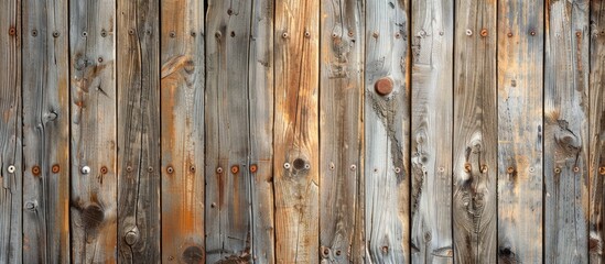 Wooden boards with knots and nails create a textured wooden wall background with a natural color palette ideal for a copy space image