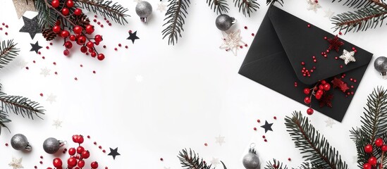 Winter holiday themed arrangement featuring a black envelope fir tree branches red berries assorted baubles and star shaped confetti on a white backdrop with a top view and copy space image