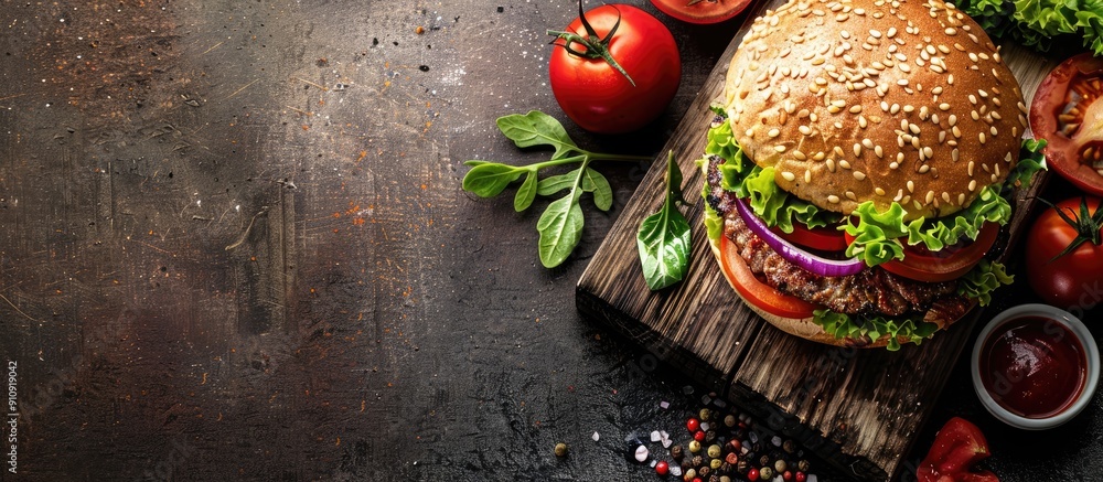 Poster Pork burger displayed on a cutting board with copy space image