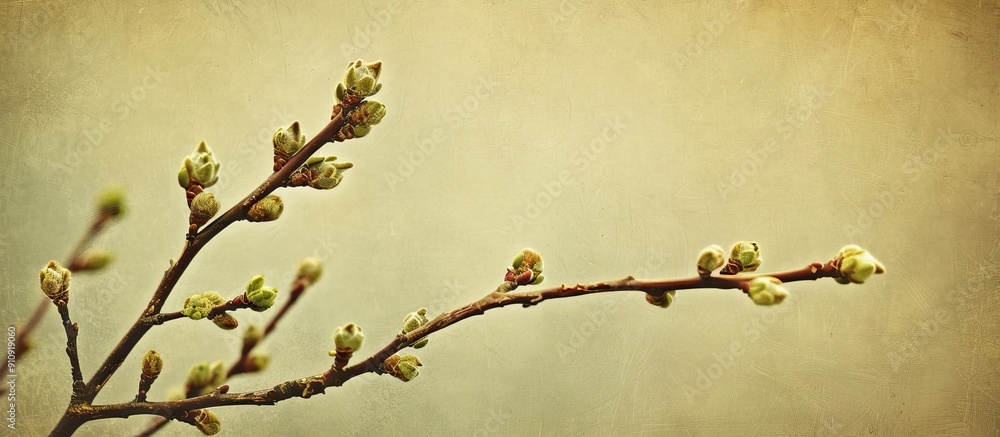 Fototapete Image of a tree branch in spring with fresh green buds against a simple background with ample copy space rendered in a warm and vintage style with a hint of film grain