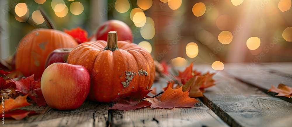 Poster a festive autumn setting with a ripe pumpkin apples and leaves on a wooden table perfect for thanksg