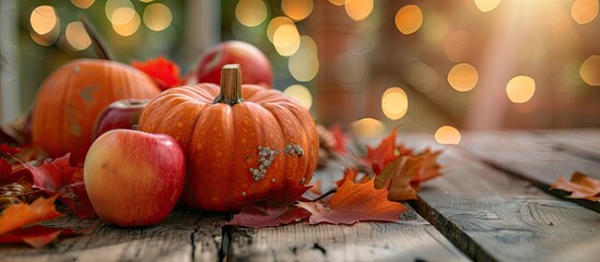 A festive autumn setting with a ripe pumpkin apples and leaves on a wooden table perfect for Thanksgiving Ideal for a banner or greeting card with copy space image