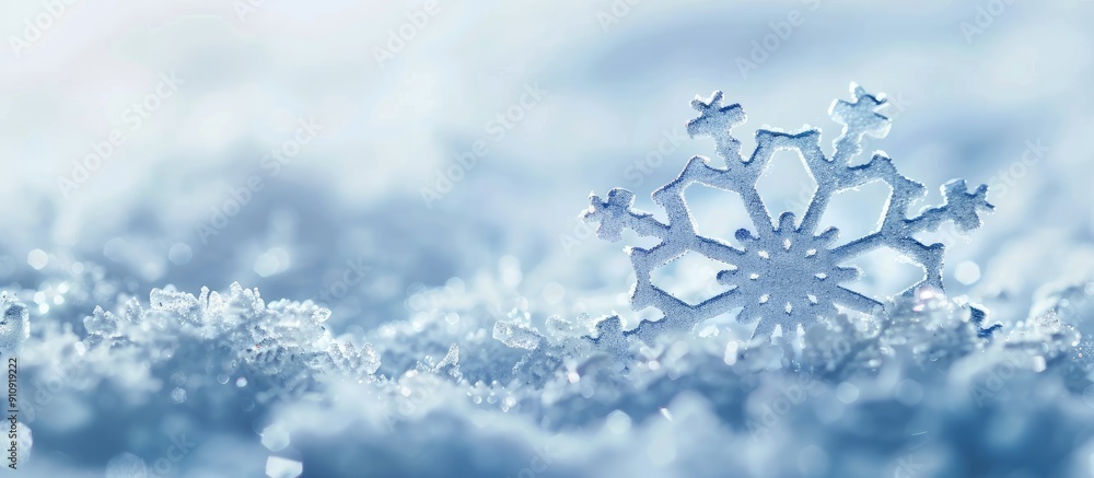 Poster a white snowflake displayed against a soft focus gleaming white and blue backdrop offering copy spac