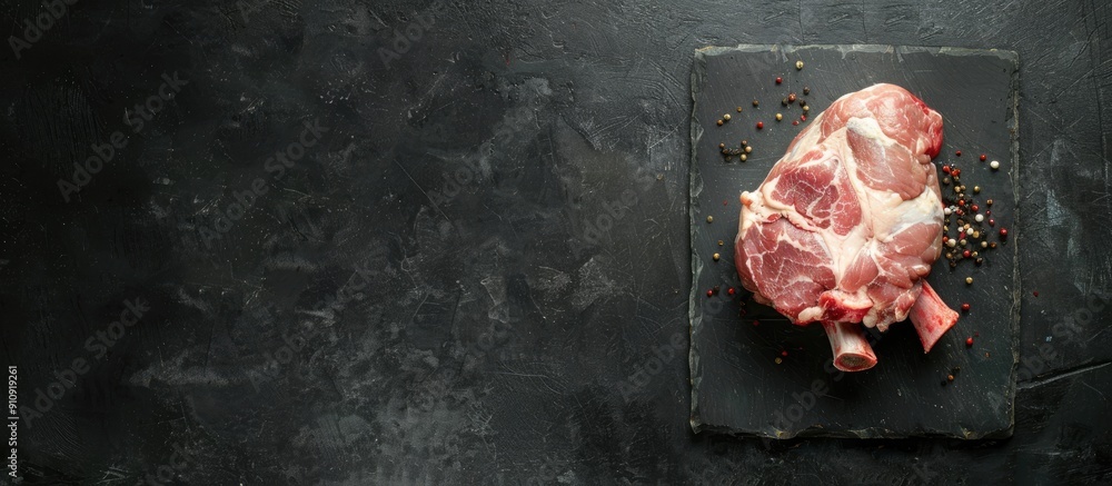 Aufkleber Copy space image of a raw pork knuckle or hoof on a cutting board with feet set against a black background in a top view