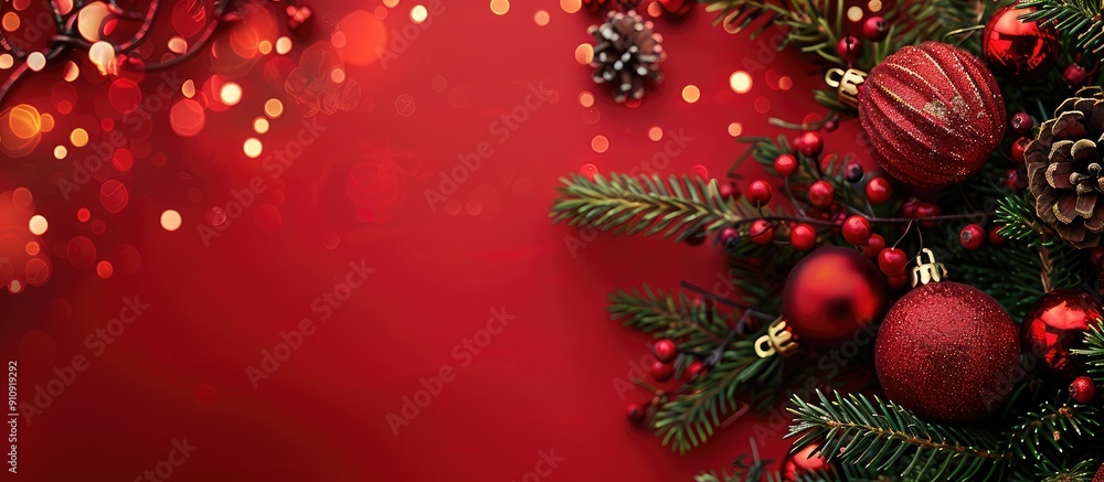 Poster Red background with festive decorations fir branches and bokeh ideal for Winter holidays like Christmas and New Year Top view flat lay with a perfect copy space image for a Happy New Year message