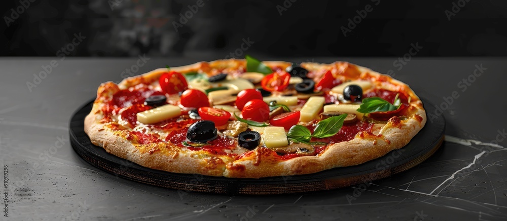Poster A table with a black background displaying a delicious pizza in the center with ample copy space image