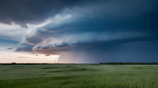Storm clouds, featuring a mesmerizing shelf cloud stretching across the sky with intense rain.