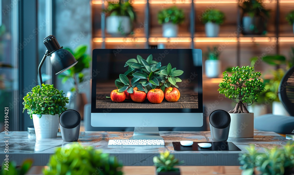 Poster modern office workspace with stylish computer monitor displaying nature image of apples and succulen