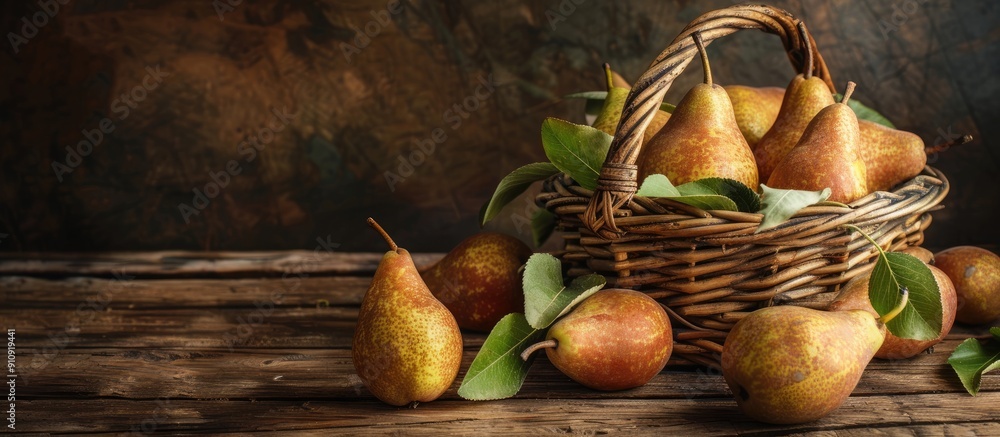 Poster copy space image of organic ripe pears displayed in a rustic basket on a wooden table promoting heal