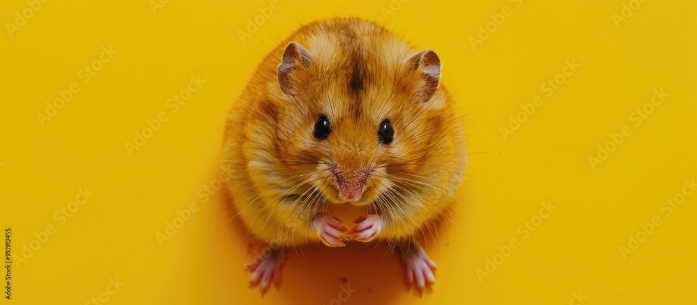 Poster View from the top of a yellow surface features a small fluffy hamster eating with copy space image available