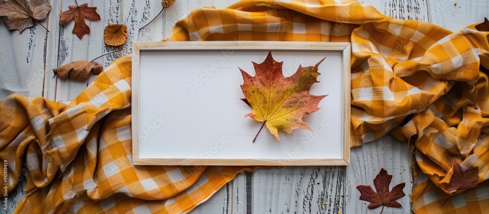 Poster Top view of an empty white board surrounded by autumn themed elements like a maple leaf on a checkered yellow scarf perfect for a copy space image