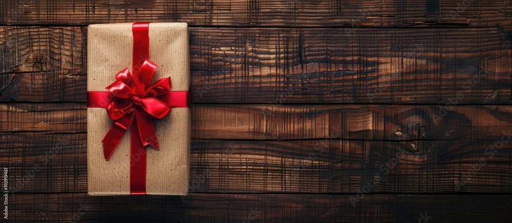 Poster wooden backdrop showcasing a gift box tied with a red ribbon viewed from above with ample copy space
