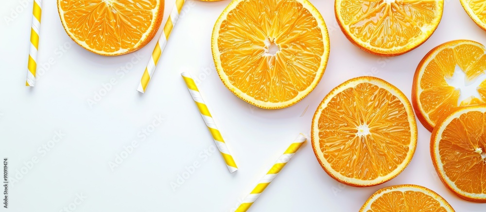 Poster copy space image of straw inserted in sliced orange fruit on a white backdrop