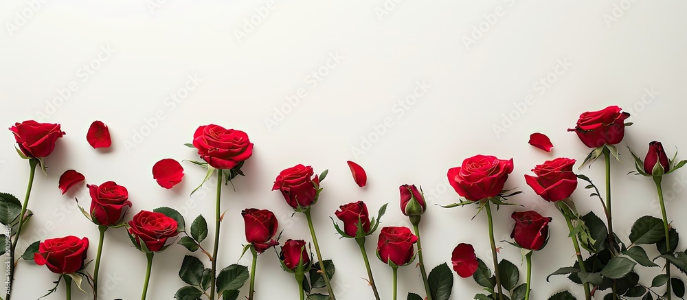 Poster Red roses displayed with a white backdrop providing empty room for text or design in the image. Creative banner. Copyspace image