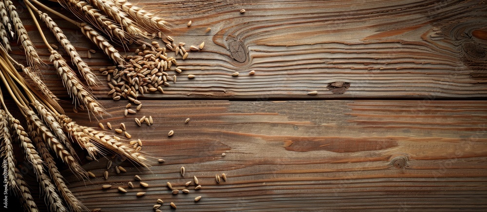 Poster Wheat grains and ears displayed on a wooden table with a blank copy space image