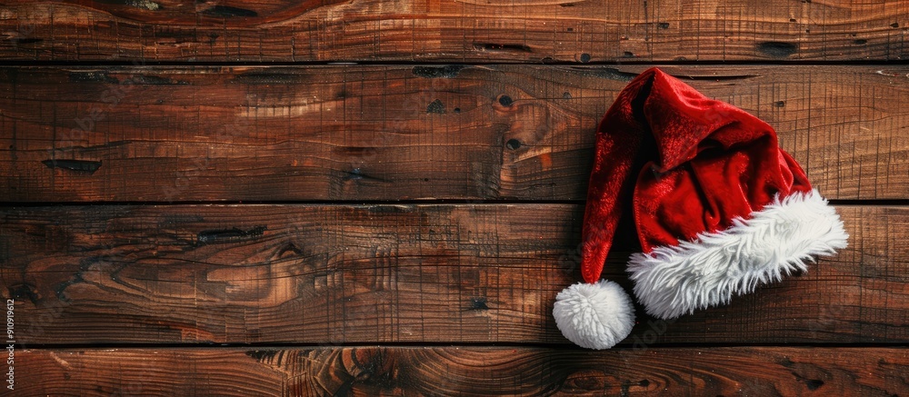 Poster top view of santa claus s red hat on a wooden backdrop with copy space image
