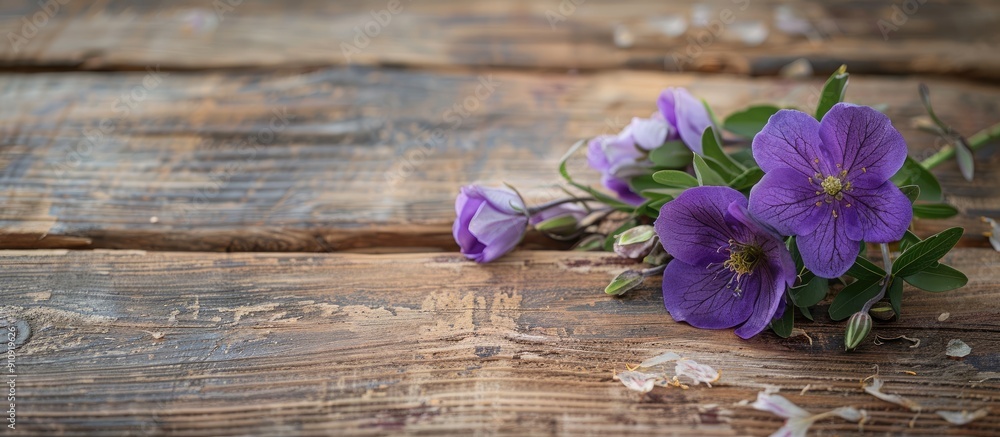 Leinwandbilder Floral arrangement featuring a vibrant purple blossom placed on a rustic wooden surface with visible empty area for custom text or graphics a copy space image