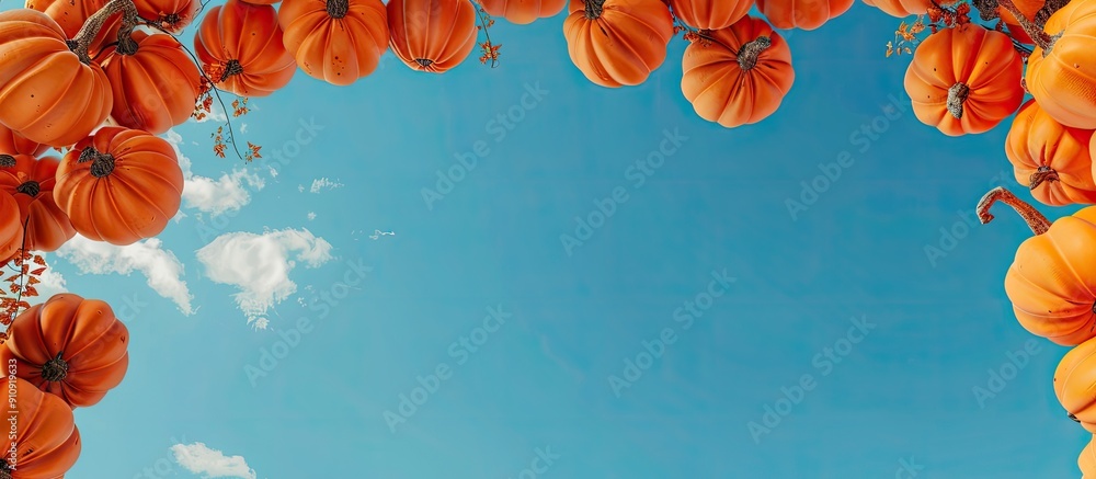 Poster orange pumpkins form an arch under a blue sky with space for additional content in the image