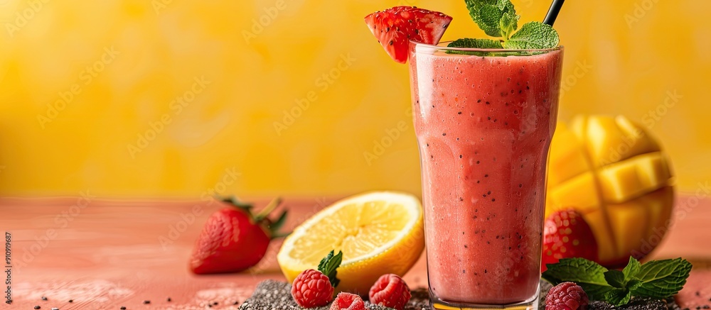 Poster a freshly made fruit smoothie in a glass set against a background with copy space image