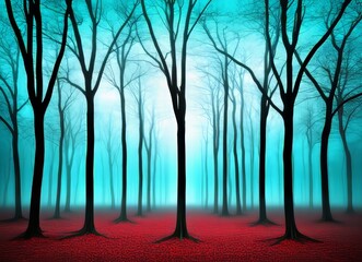 Obraz premium A misty autumn forest with tall trees and fallen leaves on the ground.