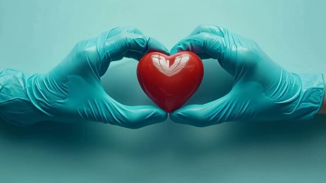 National Minority Donor Awareness Day. video of two hand, wearing blue gloves and holding out an animated heart symbol on a light blue background