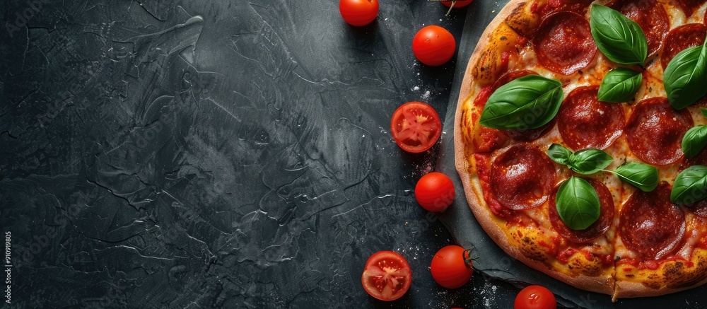 Aufkleber hot pepperoni pizza on a black concrete surface with tomatoes basil and copy space image for text sh
