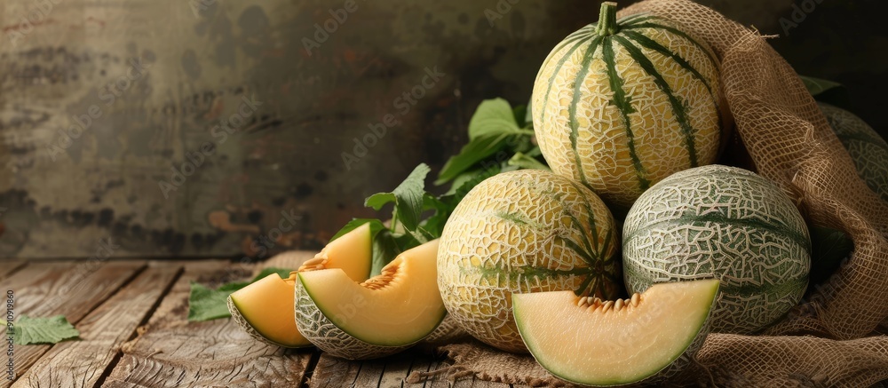 Poster A range of melons displayed in a rustic sack with a blank area for adding text or images. Creative banner. Copyspace image